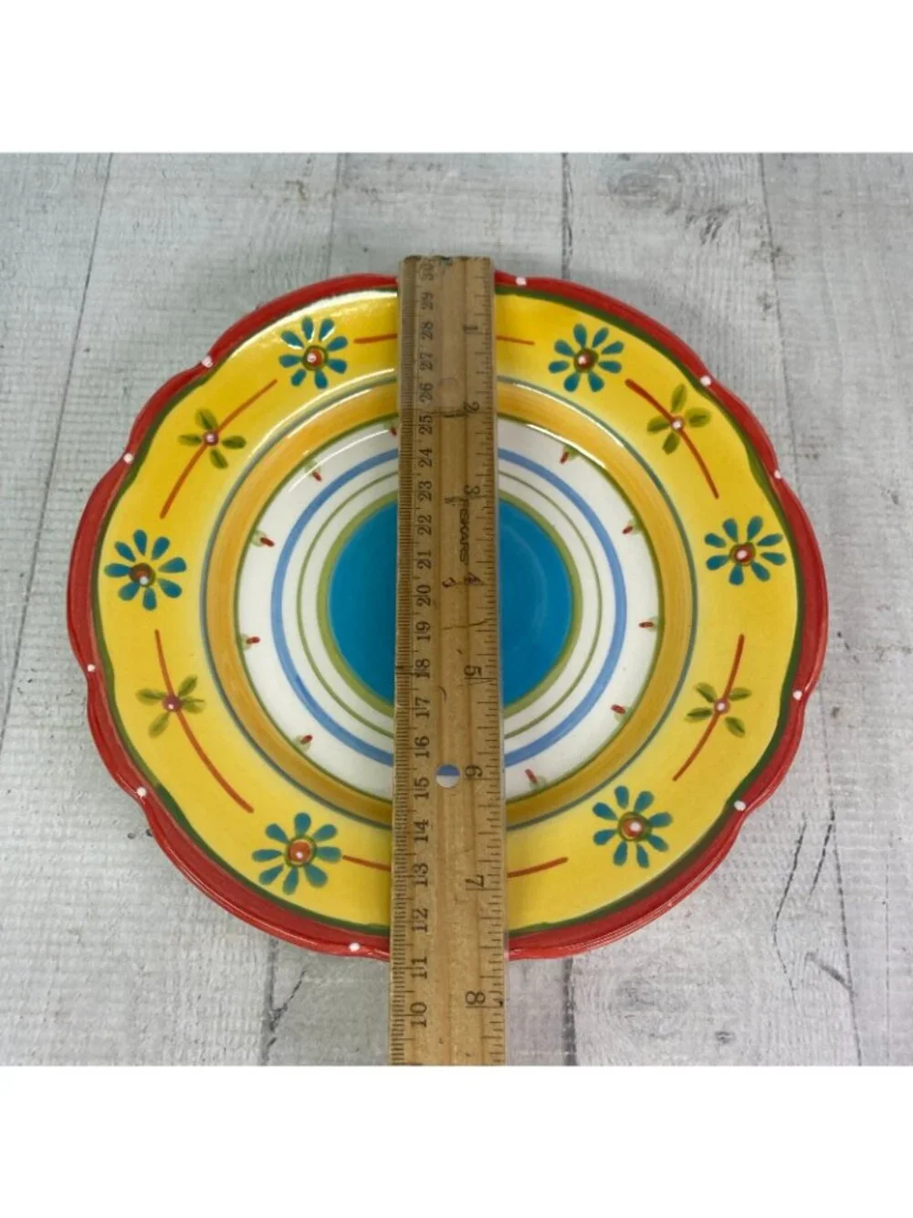 Culinary Arts PETIT JARDIN Yellow Blue Flower Scallop Ceramic Salad Plate Set 4
